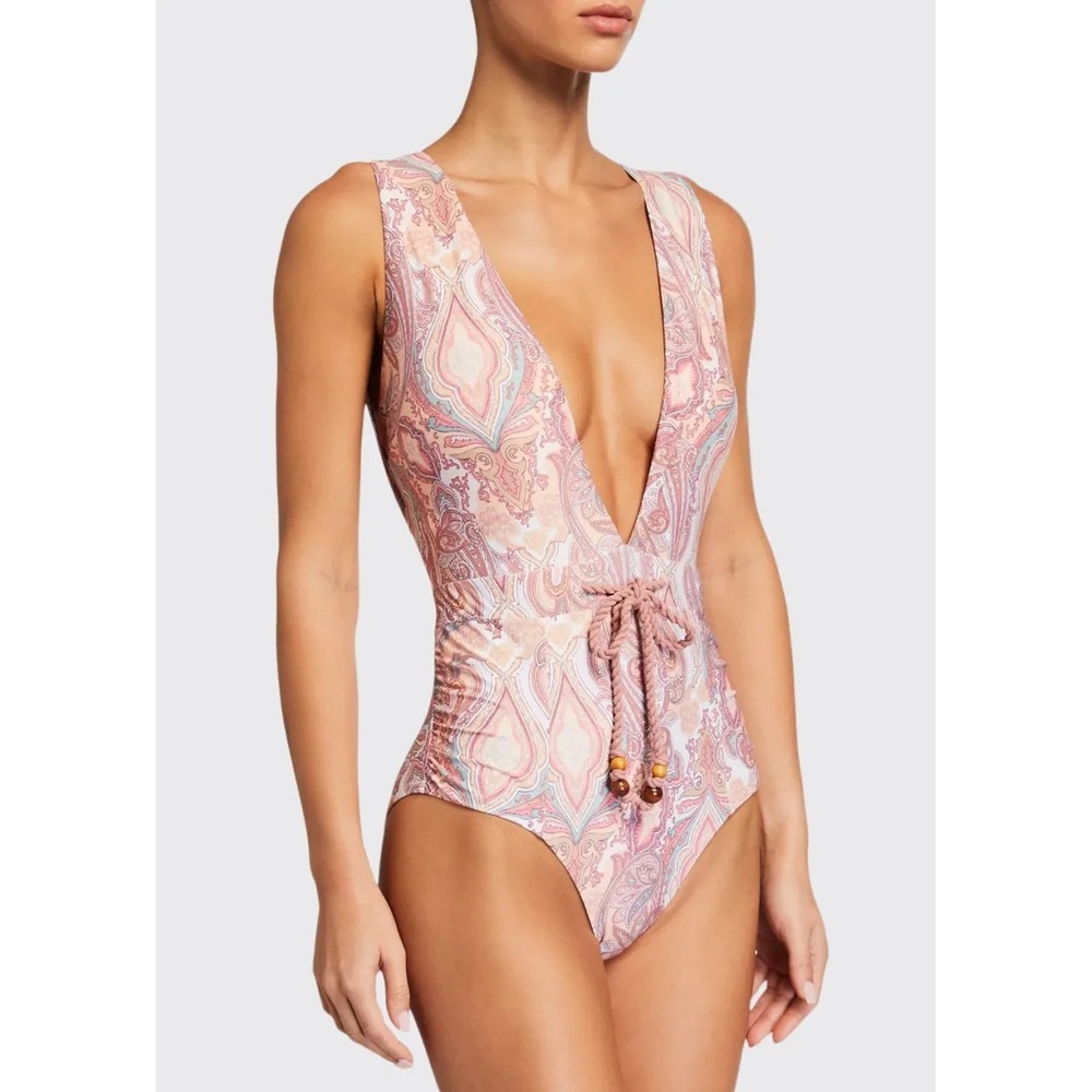 Letarte‎ Luxe Lena Paisley One Piece Swimsuit Size M Rope Tie Open Back Deep V